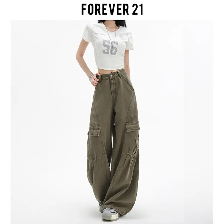 Forever 21高街复古军绿阔腿牛仔裤女美式宽松垂感高腰梨形工装裤