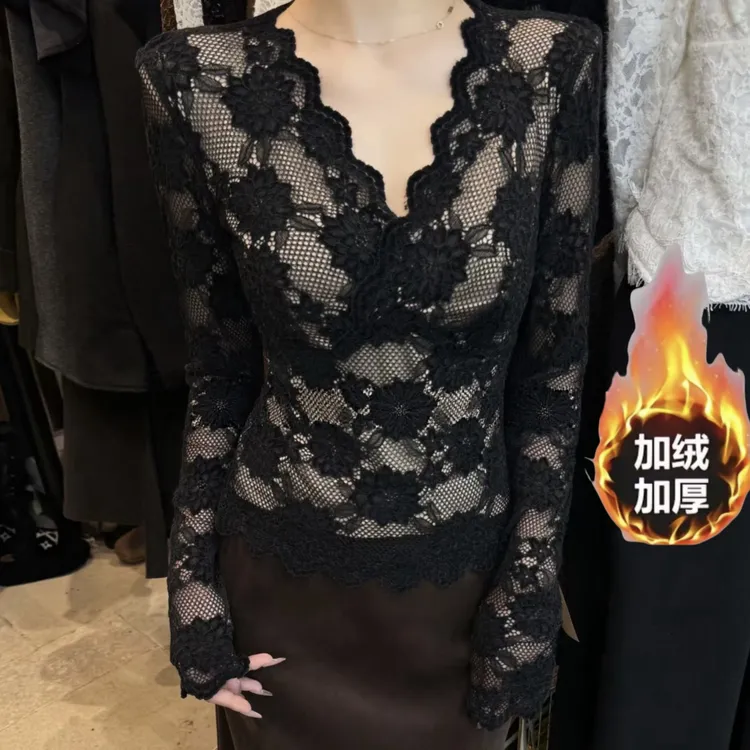 秋冬自发热 V领磨毛加绒蕾丝衫性感百搭洋气时髦蕾丝上衣打底衫