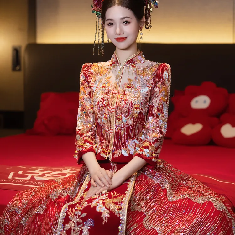 新款九分袖中式薄款立体剪裁女士秀禾服秀禾服新娘结婚礼服新娘