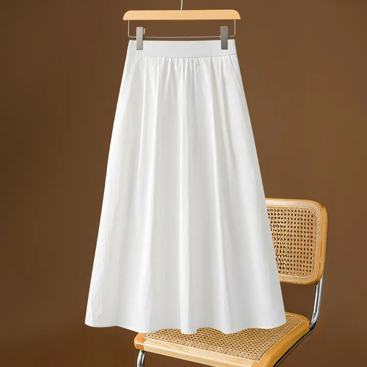 拉夏贝尔白色流行半身裙女夏季薄款2025年新款高腰垂坠感百褶裙子