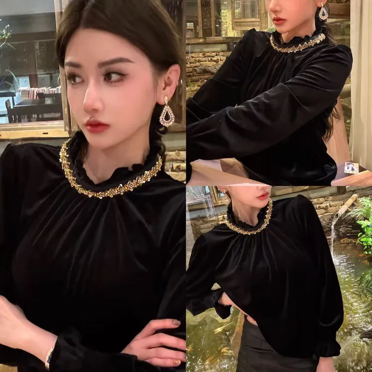 金色亮片丝绒半立领上衣