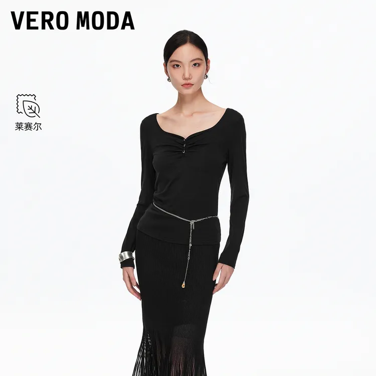 Vero ModaT恤25秋季新款含莱赛尔修身收腰捏褶上衣百搭老钱风小众