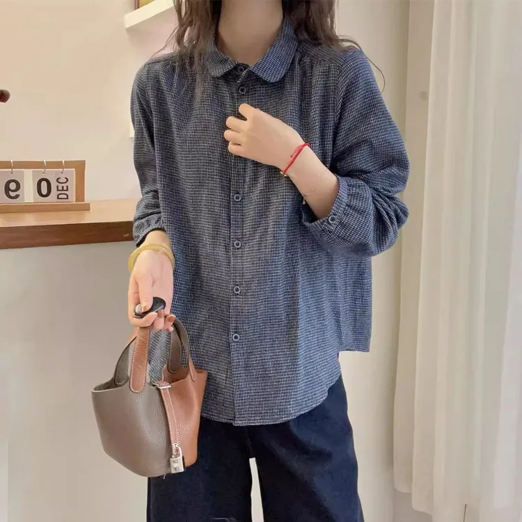 秋装新款Polo领宽松褶皱感复古时尚洋气减龄拼接显瘦纯棉格子衬衫