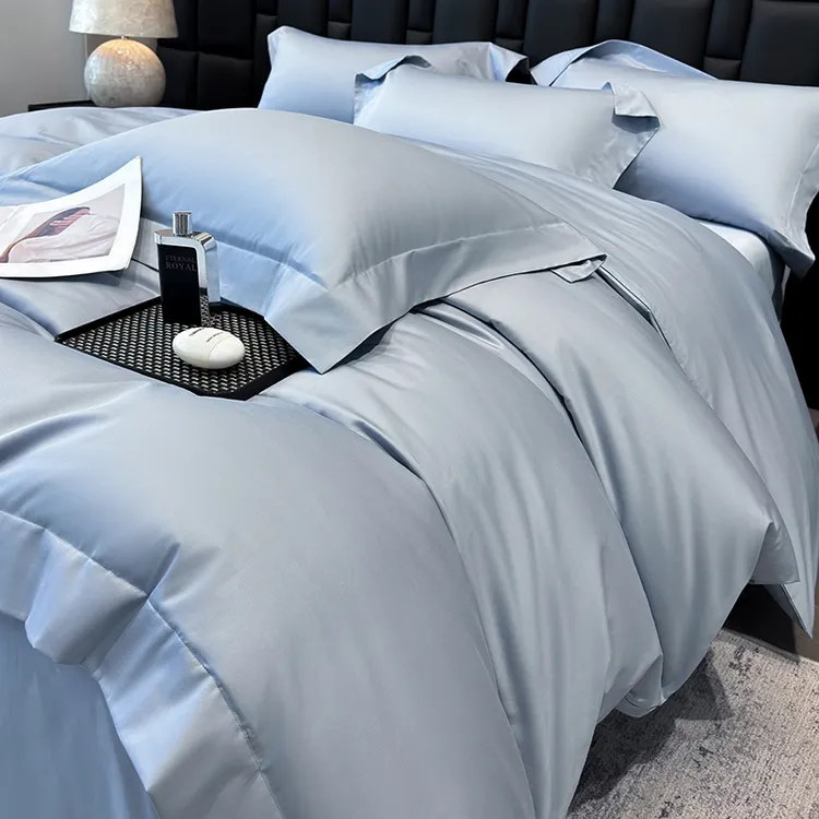 轻奢A类长绒棉贡缎四件套全棉纯棉纯色简约被套四季通用床上用品