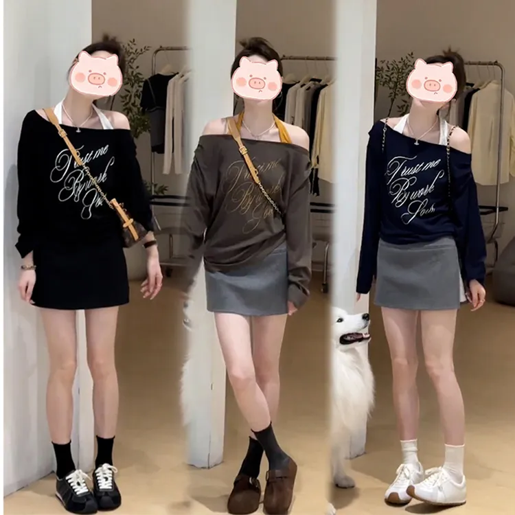 韩系慵懒风气质露肩长袖上衣女装2025早秋新款巨好看休闲挂脖套装