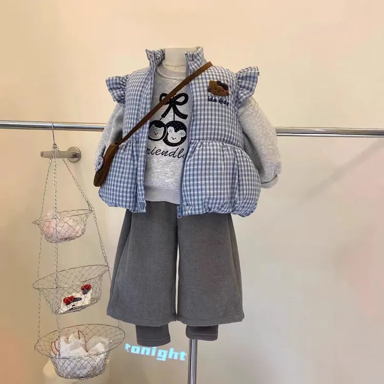 女童格子夹棉加厚马甲外套冬季新款儿童女宝宝保暖棉裤坎肩套装