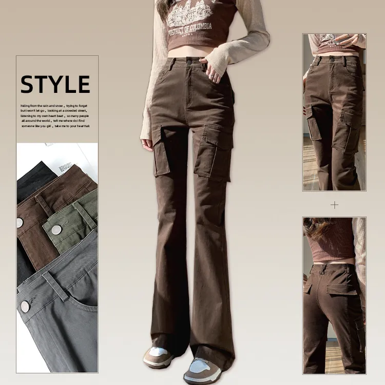 直筒微喇裤女高腰外穿工装裤2025秋季新款长裤喇叭裤休闲裤口袋腿