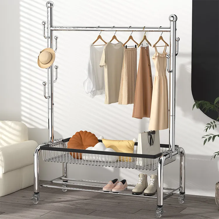 加厚不锈钢衣帽架落地式晾衣架移动收纳一体挂衣架多功能挂衣服架