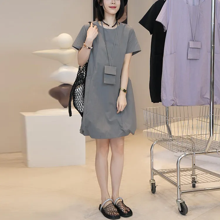 设计感小个子法式洋气圆领短袖连衣裙女2025年夏季新款遮肉裙子潮