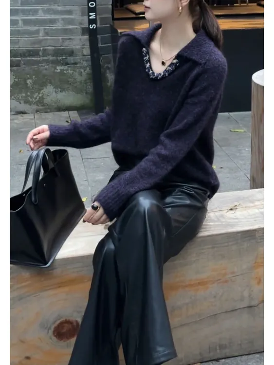 法式轻奢时尚高级感针织上衣女秋冬新款简约高端通勤百搭翻领毛衣