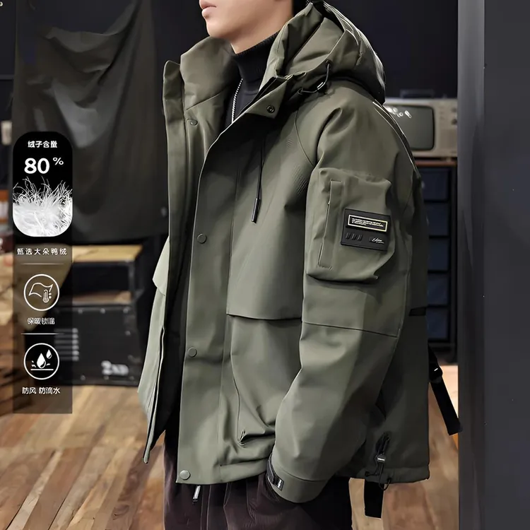 高端户外工装羽绒服男连帽短款冬季加厚白鸭绒猎装冲锋夹克外套潮