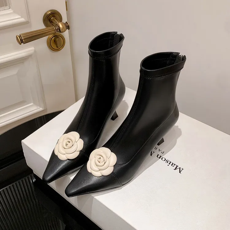 法式尖头小香风山茶花时尚短靴气质羊皮后拉链性感高跟秋冬瘦瘦靴