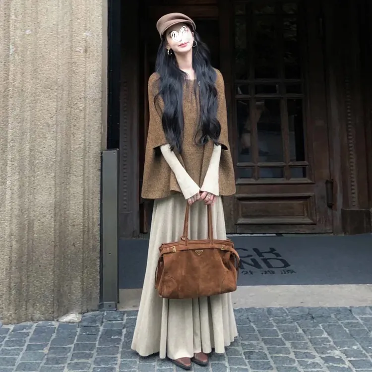 韩系早秋穿搭高级感套装长裙斗篷披肩外套打底连衣裙子女2025新款