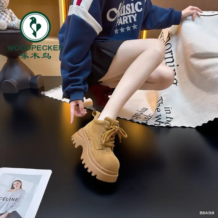 啄木鸟小个子增高8CM短靴女2025秋款时尚百搭休闲厚底呆萌马丁靴