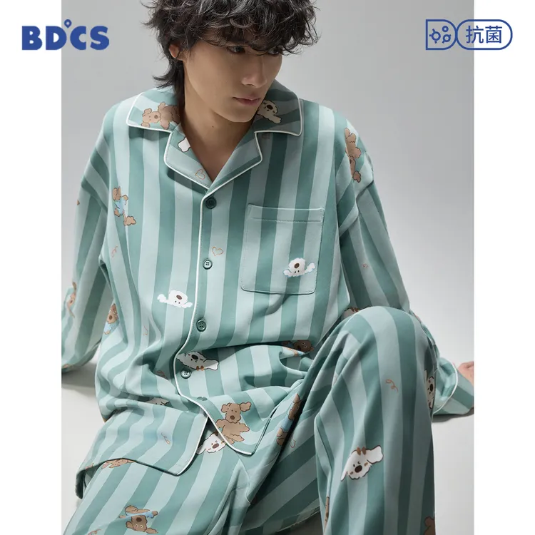 半岛城市秋季条纹系扣卡通动漫翻领家居服长袖纯棉睡衣套装二次元