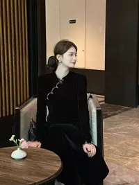R123348W上衣拼接常规款常规女装黑色立领长袖气质斜襟优雅