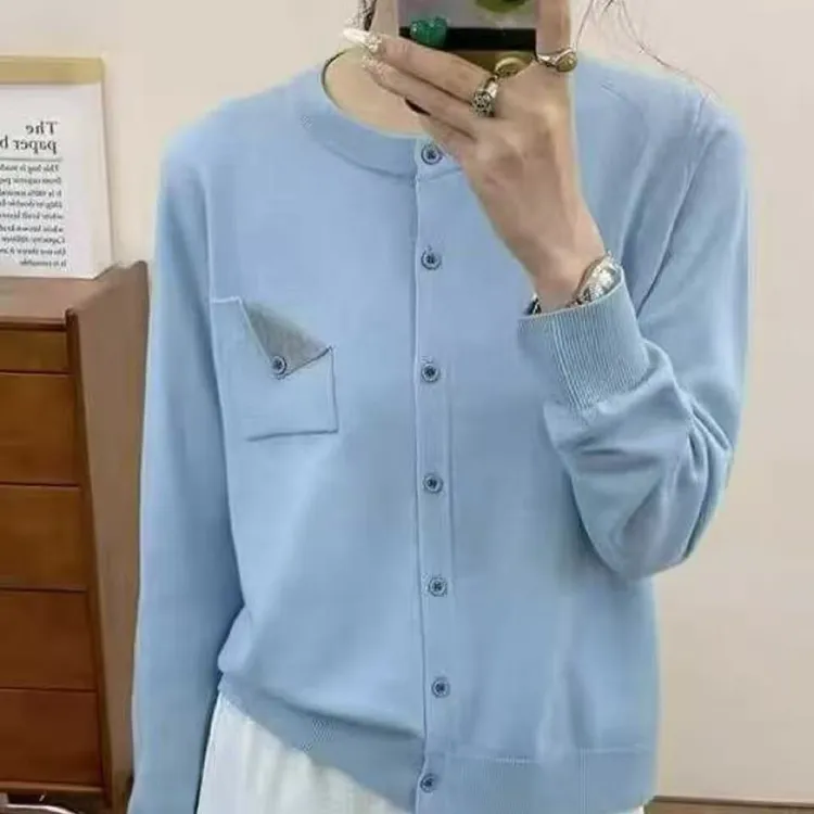 秋冬纯色女款小香风针织开衫毛针织衫开衫圆领蓝色