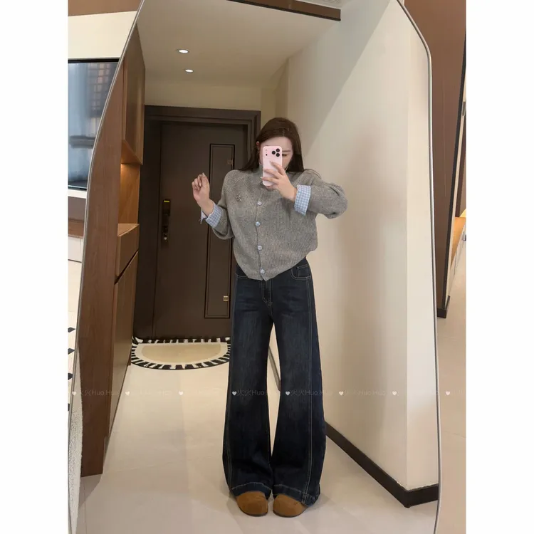 7010#深蓝不贴腿牛仔裤女新款秋冬季复古显瘦高腰宽松直筒微喇裤