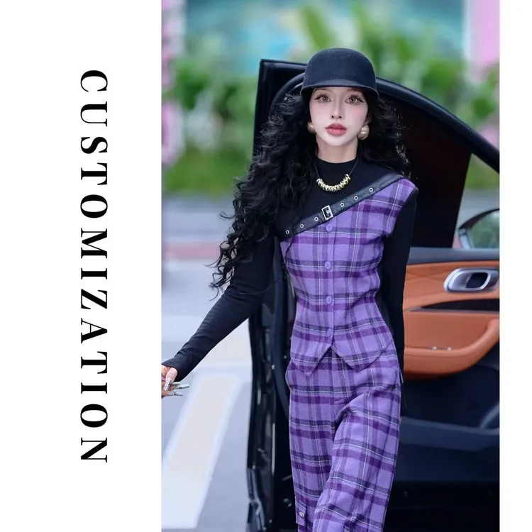 2025冬款长袖拼接方格子马甲竖排扣加绒加厚假两件上衣3074