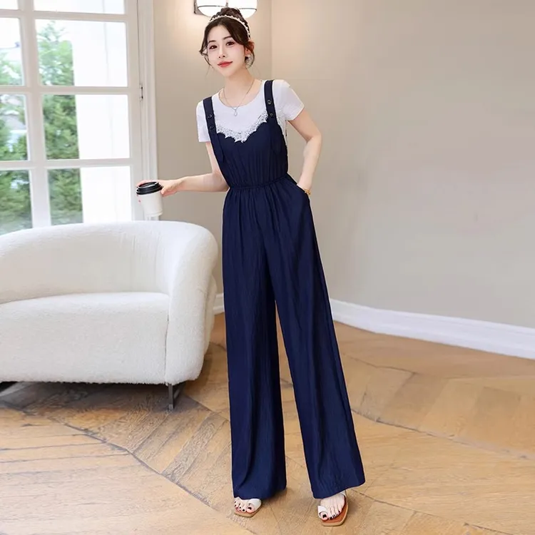 拉夏贝尔洋气牛仔背带阔腿裤套装夏季2025新款时尚高腰吊带连体裤