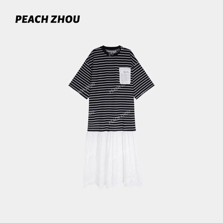 『PEACHZHOU』条纹拼接绣花镂空下摆宽松圆领松驰长款短袖T恤连衣裙