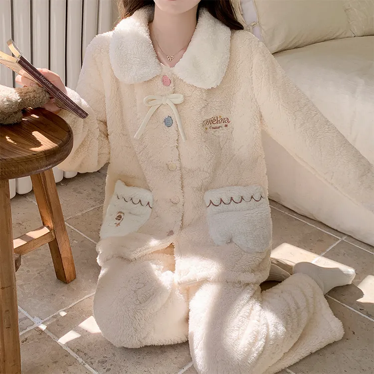 加绒保暖法兰绒开衫睡衣女秋冬季珊瑚绒加厚长袖家居服套装可外穿