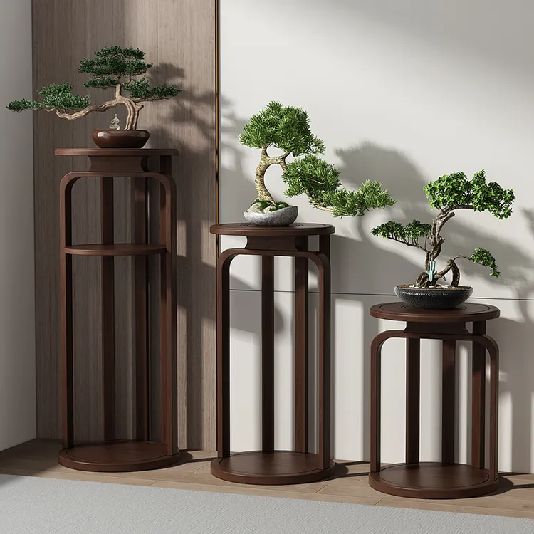 中式多层花架圆形落地客厅落地式阳台花盆置物架实木落地式博古架
