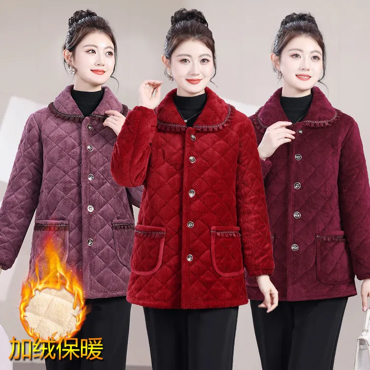 秋冬保暖加绒加厚棉衣外套女翻领宽松罩衣百搭冬装妈妈防寒外套