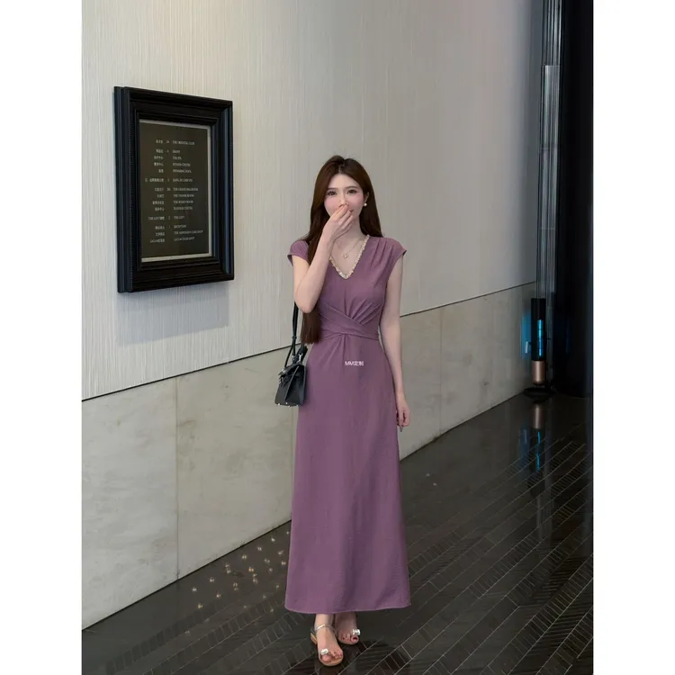 【萌萌家定制】开叉梦幻紫色V领法式针织绑带设计水钻连衣裙A445