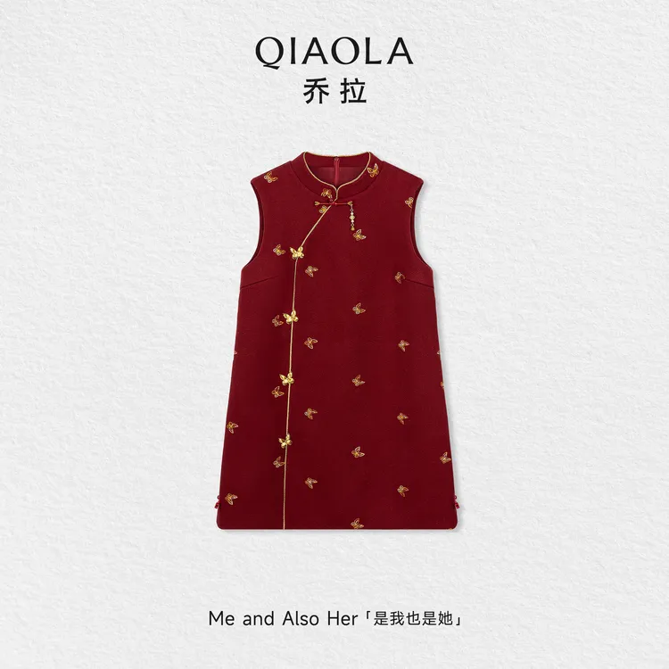 QIAOLA/乔拉【金蝶庆】秋冬季新中式蝴蝶绣花显瘦百搭气质连衣裙