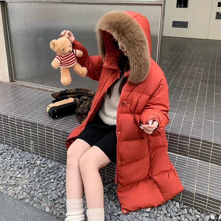 大码狐狸毛领羽绒服女胖mm冬装加肥加大300斤长款宽松显瘦A字外套