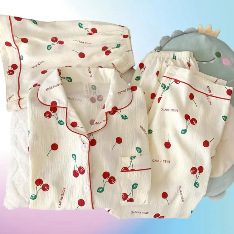 云朵棉三件套睡衣女夏季宽松卡通减龄短袖韩版法式2025立领家居服