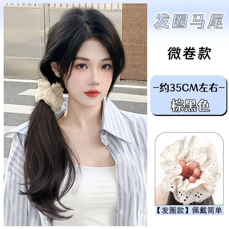 新款女士蕾丝边发圈式高温丝仿真微卷马尾假发新品侧扎高低马尾多