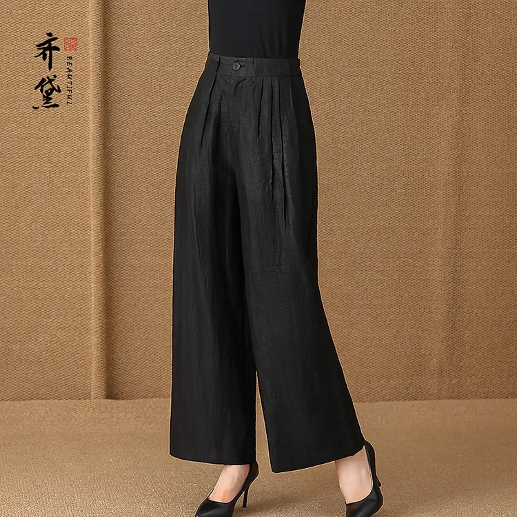 黑色35姆米龟纹香云纱休闲裤女2025新款宽松百搭九分阔腿直筒裤子