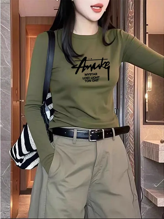 女士修身t恤韩版辣妹秋冬复古正肩长袖军绿色棉质内搭打底衫上衣