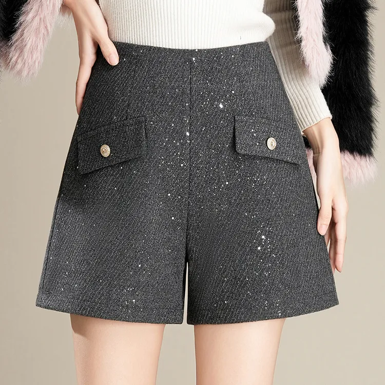 毛呢短裤女2025新款秋冬小香风高腰洋气亮片靴裤显瘦a字阔腿短裤