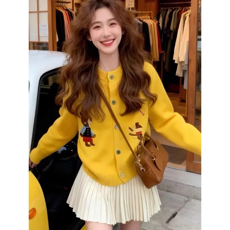 日系甜酷趣味卡通印花长袖针织开衫女秋冬慵懒宽松单排扣毛衣外套