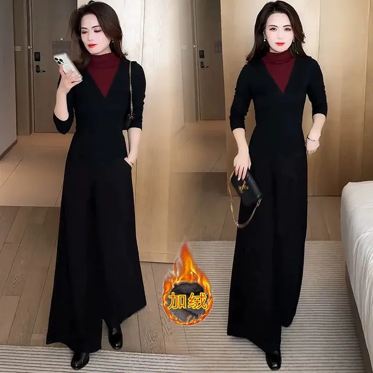 加绒加厚时尚套装女秋冬新款洋气小个子半高领打底衫阔腿裤两件套
