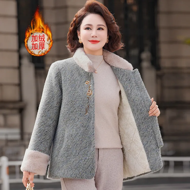 妈妈冬装加绒加厚棉衣外套洋气中老年女装仿水貂绒短款棉袄上衣服