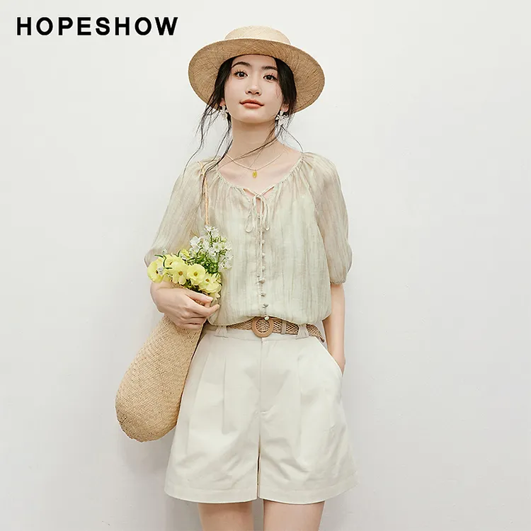 红袖2025夏季新款女装【墨染霓裳】晕染系带套头上衣宽松休闲女款