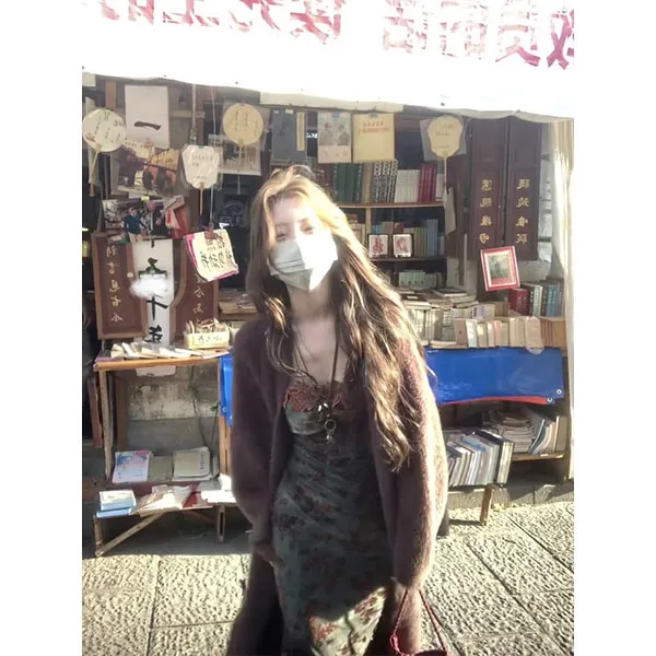 秋季法式气质复古绿色印花连衣裙+显瘦宽松长款外搭开衫两件套装
