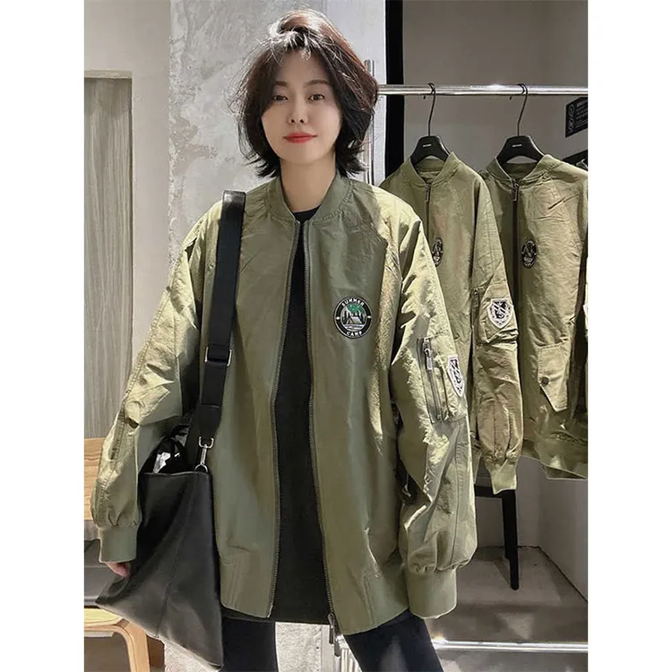 韩版百搭宽松中长款棒球服女欧货2025春季新款时尚休闲拉链外套潮