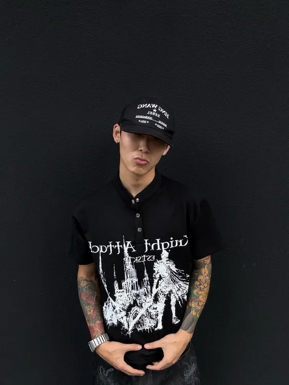SKATEPARB“凯旋骑士”十字架印花短袖T恤正肩收领口亨利衫黑色短袖