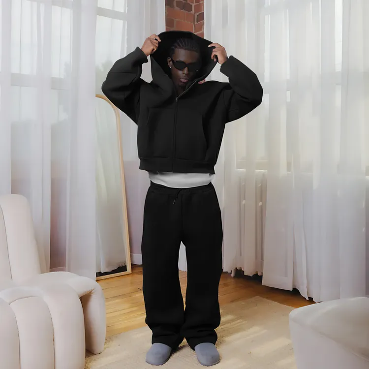 【拉链开衫机场套装】极简纯色短款Boxy帽衫套装男女同款秋冬加厚