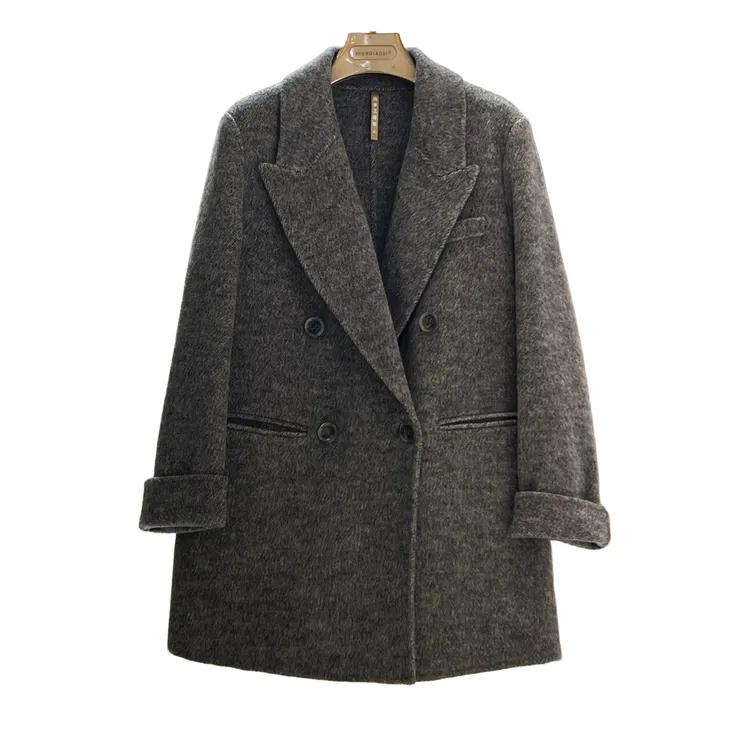 加绒加厚款秋冬西装领女毛呢外套西装中长款外套灰色