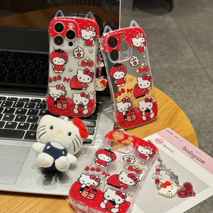 GGBond草莓kt猫爱心挂件适用iPhone16/15pro苹果14猫耳朵13手机壳