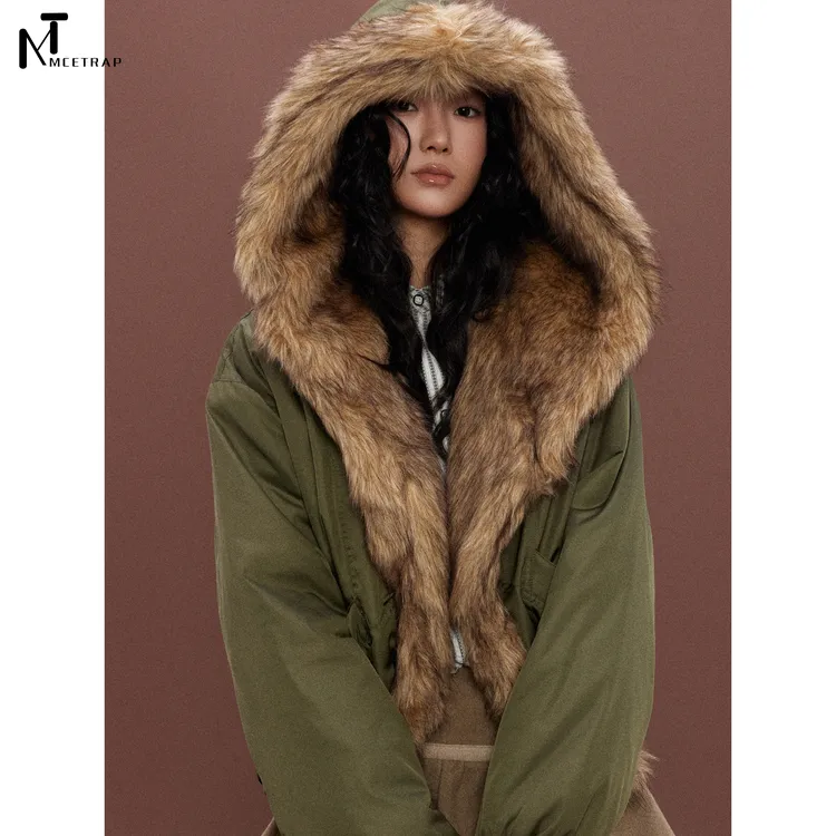 Mcetrap(MT) 山猫系廓形毛领花苞连帽棉服宽松慵懒派克服棉衣外套