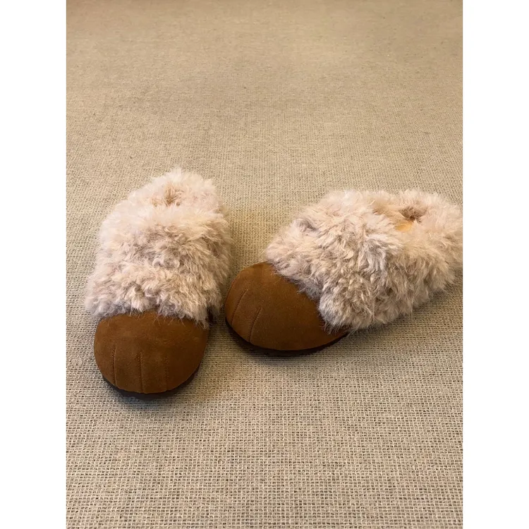 nnmiss/2cm休闲减龄圆头懒人一脚蹬舒适百搭包头低跟保暖毛毛拖鞋