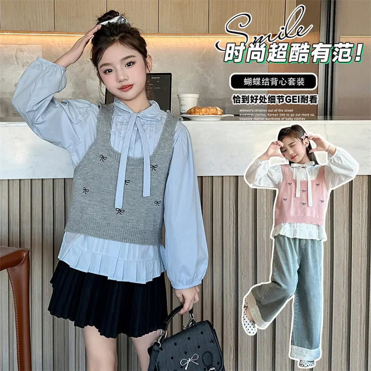 女童春装针织马甲套装2025新款洋气中大童网红针织马甲衬衫三件套