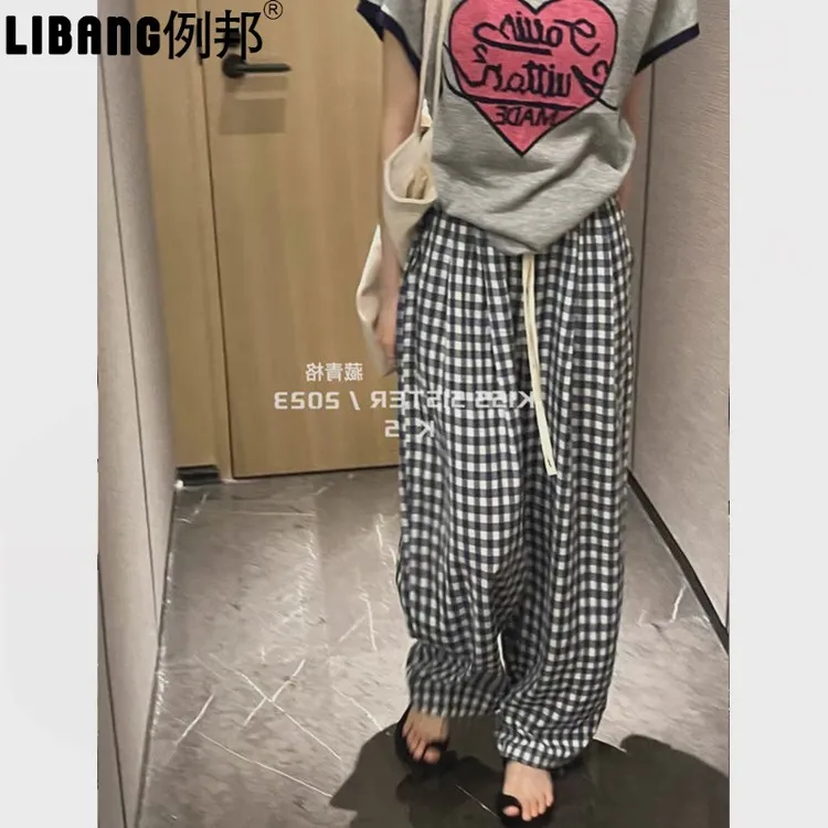 黑白格子慵懒风棉麻阔腿裤女夏季新款小个子高腰直筒休闲拖地长裤